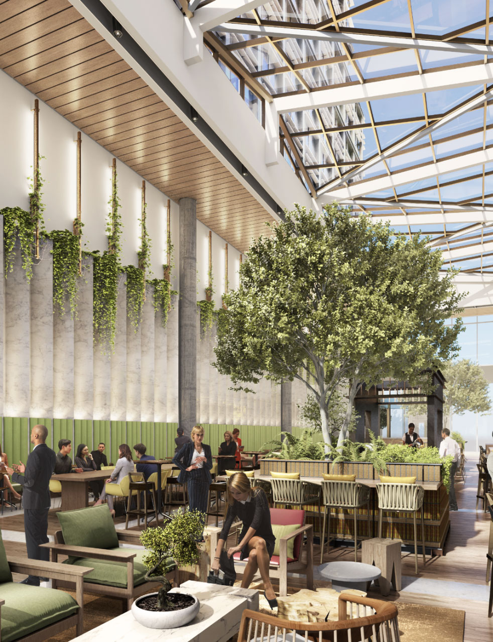 Restaurant with glass ceiling and greenery accents