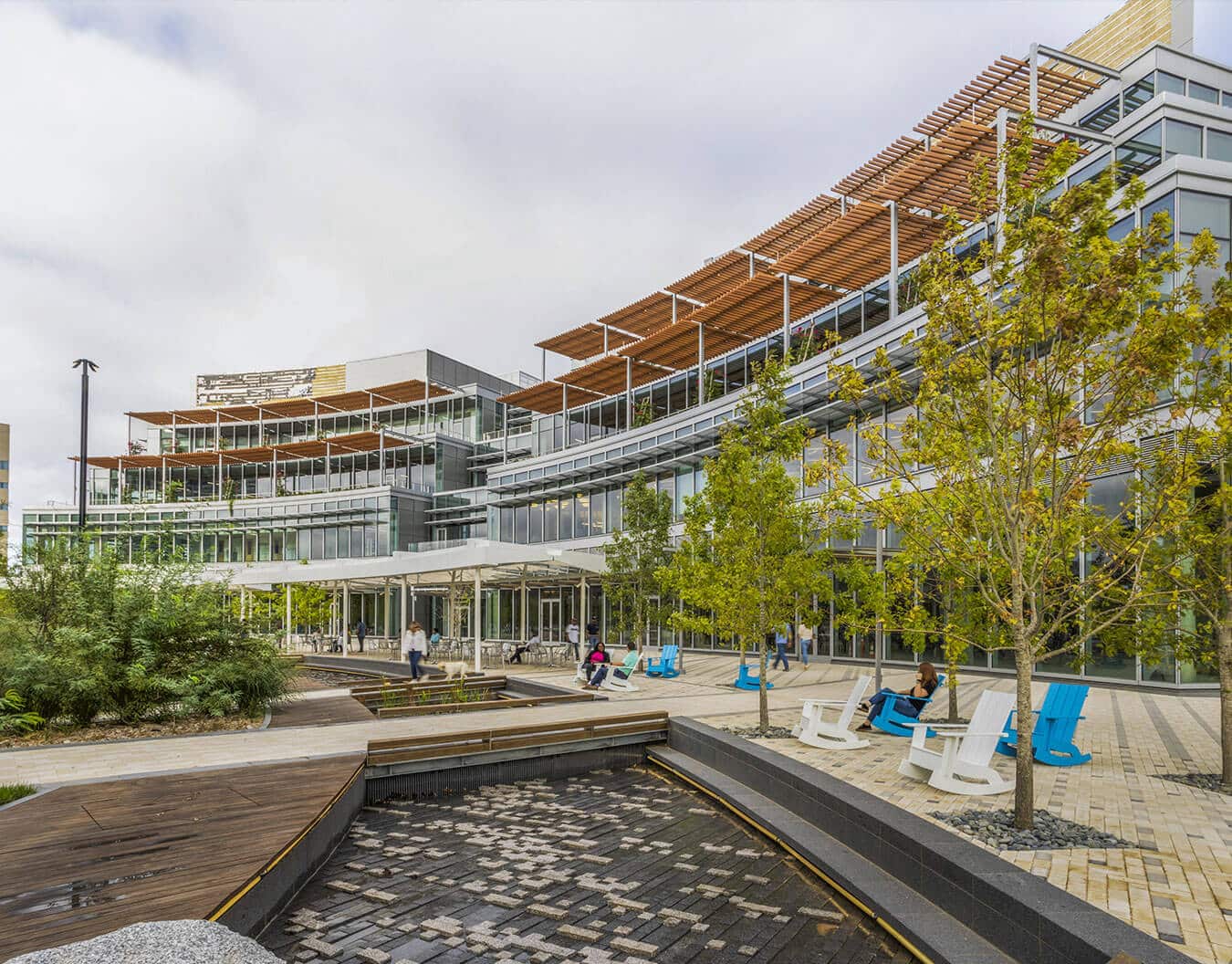 Modern curved glass building with wooden deck area